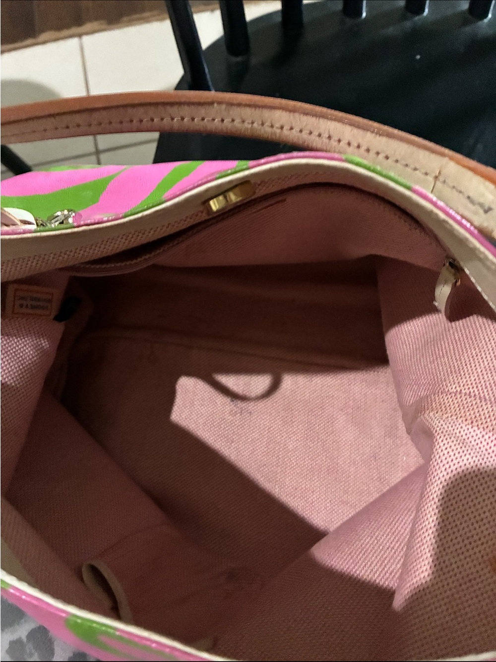 Dooney & Bourke Pink and Green Zebra Print Shoulder Bag with Tan Strap - Picture 6 of 6
